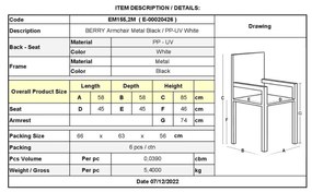 Πολυθρόνα BERRY Μεταλλική Μαύρη/PP-UV Λευκό 58x58x85cm (Σετ 4 ΤΕΜ)