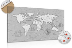 Εικόνα στο φελλό ενός ενδιαφέροντος ασπρόμαυρου χάρτη του κόσμου - 120x80  color mix