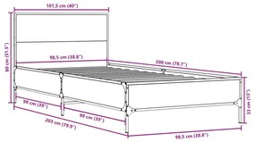 Πλαίσιο Κρεβατιού Sonoma Δρυς 100x200 εκ. Επεξ. Ξύλο &amp; Μέταλλο - Καφέ