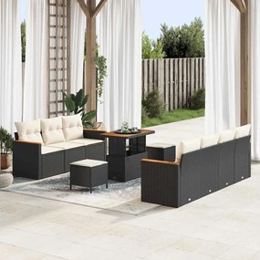 vidaXL σετ κήπου 10 τεμαχίων  με μαξιλάρια, μαύρο poly rattan και ακακία