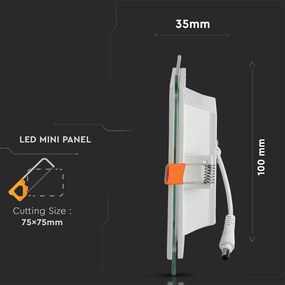 V-TAC LED panel χωνευτό 12W 6400K Ψυχρό λευκό Τετράγωνο γυάλινο