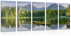 Εικόνα 5 μερών ενός πανέμορφου πανοράματος βουνών δίπλα στη λίμνη