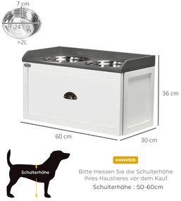 PawHut Σταθμός Τροφοδοσίας, 2 Μπολ Τροφοδοσίας 2 λίτρων το καθένα, Ανοξείδωτο Ατσάλι, με Συρτάρι, για Μεγάλα Σκυλιά, Λευκό+Γκρι, 60 x 30 x 36 cm