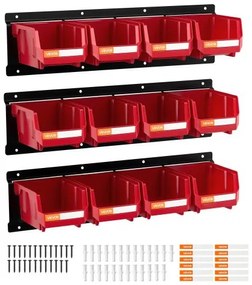 VEVOR Wall Mounted Storage Bins, 12 Plastic Bins &amp; 3 Metal Rails, Plastic Hanging Stackable Storage Bin for Screws, Nuts, Bolts, Nails, Hardware Tool Organizer for Workshop, Craft Room, Garage, Red