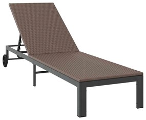 vidaXL Set από ξαπλώστρες  2 τεμαχίων με ρόδες και τραπέζι, καφέ, πολυ rattan.