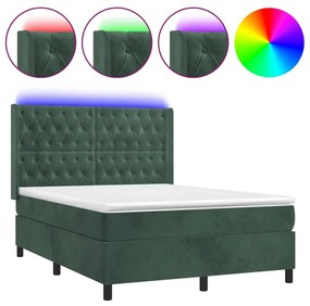 Κρεβάτι Boxspring με Στρώμα &amp; LED Σκ. Πράσινο 140x190εκ Βελούδο - Πράσινο