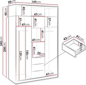 Ντουλάπα Kos 3D Τρίφυλλη με πατάρι - 149.00Χ58.00Χ245.00cm