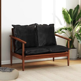 vidaXL Καναπές Διθέσιος Μαύρος από Γνήσιο Δέρμα και Μασίφ Ξύλο Ακακίας
