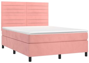 vidaXL Κρεβάτι Boxspring με Στρώμα &amp; LED Ροζ 140x200 εκ. Βελούδινο