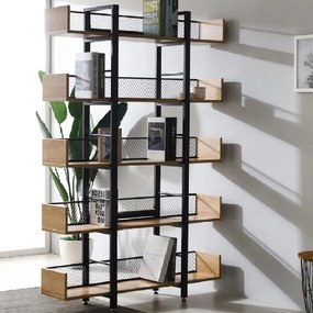 Βιβλιοθήκη Musha pakoworld μέταλλο μαύρο με oak απόχρωση 120x22x185εκ