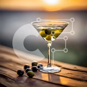 Intra Συλλεκτικό Ξύλινο Παζλ Plywood  4mm - Ποτήρι Martini με ελιές στο ηλιοβασίλεμα Σε Ξύλινο Κουτί - Διαστάσεις: 10x10 cm – 25 κομμάτια