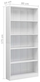 Βιβλιοθήκη με 5 Ράφια Γυαλιστερό Λευκό 80x24x175 εκ Μοριοσανίδα - Λευκό