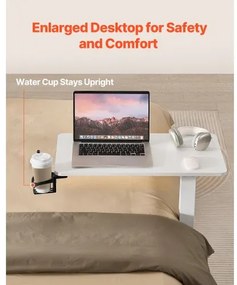 VEVOR Overbed Table Mobile Bed Side Desk with 4 Hidden Wheels Cup Holder White