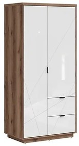 Ντουλάπα Boston CE105, Σκούρα βελανιδιά delano, Γυαλιστερό λευκό, 200.5x94x56.5cm, Πόρτες ντουλάπας: Με μεντεσέδες