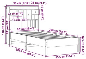 Κρεβάτι Βιβλιοθήκη Χωρίς Στρώμα 90x200 εκ. Μασίφ Ξύλο Πεύκου - Καφέ