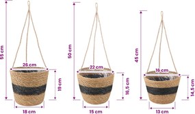 vidaXL Καλάθια φυτών από θαλασσόχορτο 3 pcs Φυσικό και Μαύρο