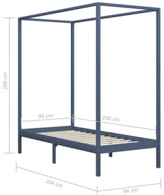 vidaXL Πλαίσιο Κρεβατιού με Ουρανό Γκρι 90 x 200 εκ. Μασίφ Ξύλο Πεύκου
