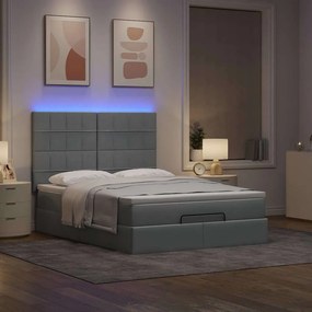 vidaXL Οθωμανικό κρεβάτι με στρώμα &amp; LEDs Ανοιχτό γκρι ύφασμα