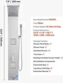 VEVOR Shower Panel Tower System Stainless Steel Column Rainfall Head Massage Jet