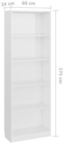Βιβλιοθήκη με 5 Ράφια Γυαλιστερό Λευκό 60x24x175 εκ Επεξ. Ξύλο - Λευκό