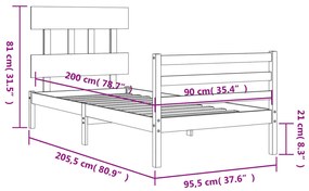 Πλαίσιο Κρεβατιού με Κεφαλάρι 90x200 εκ. από Μασίφ Ξύλο - Καφέ