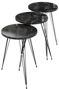 Τραπεζάκια σαλονιού Βοηθητικά Wakmi σετ 3 τεμ. σε μαύρο μάρμαρο μελαμίνη - μαύρο μέταλλο 33x33x55 εκ.