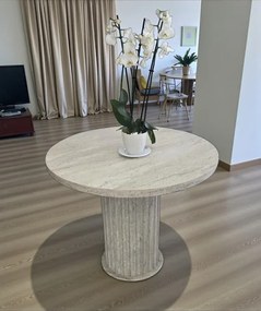 Stewehome Στρογγυλό Τραπέζι Τραβερτίνη Μπεζ MDF με Κιονοειδή Βάση 90x75 cm