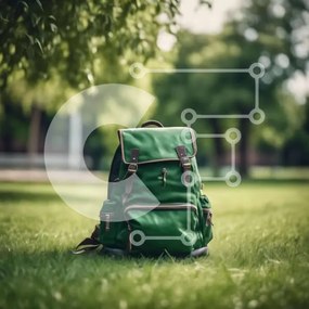 Intra Συλλεκτικό Ξύλινο Παζλ Plywood 4mm - Πράσινο σακίδιο πλάτης στο γρασίδι μπροστά από τα δέντρα Σε Ξύλινο Κουτί - Διαστάσεις: 10x10 cm – 25 κομμάτια