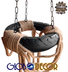 GloboStar® RUNNER 01115 Vintage Industrial Κρεμαστό Φωτιστικό Οροφής Πολύφωτο 6 x E27 Μαύρο με Μπεζ Σχοινί Φ45 x Y60cm