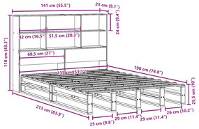 Κρεβάτι Βιβλιοθήκη Χωρίς Στρώμα Καφέ 135x190 εκ Μασίφ Πεύκο - Λευκό