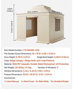 VEVOR Winter Gazebo Cover Fits 3.05 x 3.05 m Hardtop Gazebos, All-Weather Double-Tiered Gazebo Cover with Sidewalls &amp; Windows, High-Density PE Enclosed Storage Shelter Covers, Gazebos not Included
