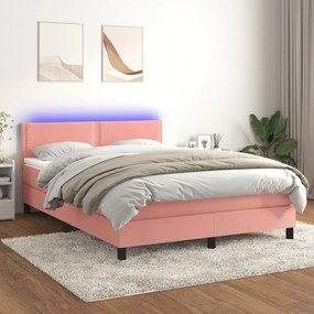 Κρεβάτι Boxspring με Στρώμα &amp; LED Ροζ 140x200 εκ. Βελούδινο