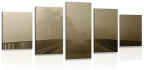 Εικόνα 5 μερών υπέρπτηση πουλιών πάνω από τη γέφυρα σε σχέδιο σέπια - 100x50