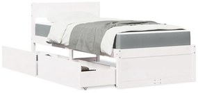 Κρεβάτι με Συρτάρια+Στρώμα Λευκό 90x200 εκ. Μασίφ Ξύλο Πεύκου