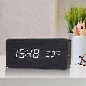 Επιτραπέζιο Ξύλινο Ψηφιακό Ρολόι με οθόνη LED, Ξυπνητήρι, Θερμόμετρο - Μαύρο
