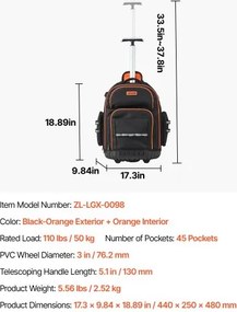 VEVOR Rolling Tool Backpack 45 Pockets Heavy Duty Roller Tool Bag on Wheels