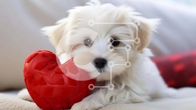 Σετ των 2 Intra Συλλεκτικό Ξύλινο Παζλ Plywood 4mm - Μικρό λευκό σκυλί με παιχνίδι σε σχήμα καρδιάς Σε Ξύλινο Κουτί - Διαστάσεις: 10x10 cm – 25 κομμάτια