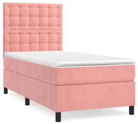 Κρεβάτι Boxspring με Στρώμα Ροζ 90x200 εκ. Βελούδινο - Ροζ