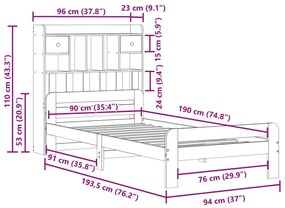 Κρεβάτι Βιβλιοθήκη Χωρίς Στρώμα 90x190 εκ Μασίφ Ξύλο Πεύκου - Καφέ