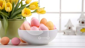 Intra Συλλεκτικό Ξύλινο Παζλ Plywood 4mm - Πολύχρωμα Πασχαλινά αυγά σε λευκό μπολ με τουλίπες Σε Ξύλινο Κουτί - Διαστάσεις: 10x10 cm – 25 κομμάτια