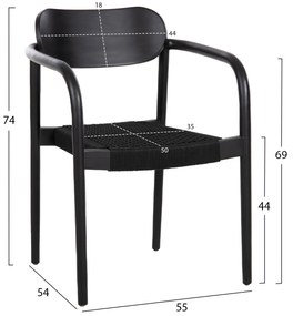 Πολυθρόνα Oslo Ξύλο Teak Μαύρο &amp; Μαύρο Σχοινί 55x54x80Yεκ.