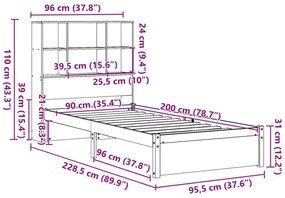 Κρεβάτι Βιβλιοθήκη Χωρίς Στρώμα 90x200 εκ. Μασίφ Ξύλο Πεύκου - Καφέ