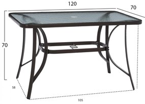 Τραπέζι BRAVO Μεταλλικό Καφέ με Γυάλινη επιφάνεια με τρύπα ομπρέλας 120x70x72Υεκ. 120x70x72 εκ.