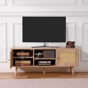 VEVOR Rattan TV Stand, Boho TV Cabinet for 55 inch TV, Mid Century Modern TV Stand, Rattan TV Console with Adjustable Shelfs for  Living Room, Media Room, Oak