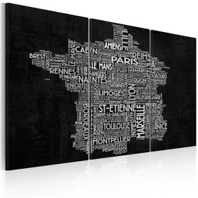 Πίνακας - Text map of France on the black background - triptych 90x60