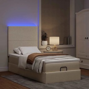 vidaXL Οθωμανικό κρεβάτι με στρώμα & LEDs Cream 90x190cm ύφασμα