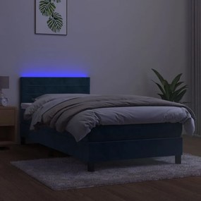 Κρεβάτι Boxspring με Στρώμα &amp; LED Σκ. Μπλε 90x200 εκ. Βελούδινο - Μπλε