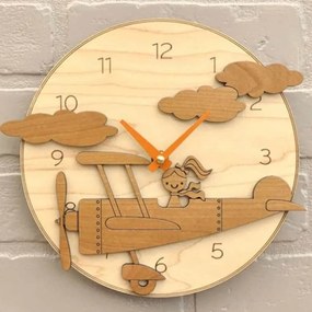 Intra απο ξύλο plywood 3mm-4mm πάχος – Αεροπλάνο Κορίτσι Στρογγυλό Ξύλινο ρολόι τοίχου για ξύλο παιδικού δωματίου 25x25 cm INTRAVECTRY-MY555655