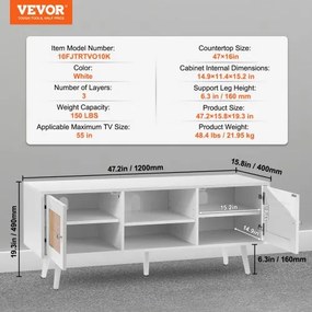 VEVOR Rattan TV Stand, Boho TV Cabinet for 55 inch TV, Mid Century Modern TV Stand, Rattan TV Console with Adjustable Shelfs for  Living Room, Media Room, White