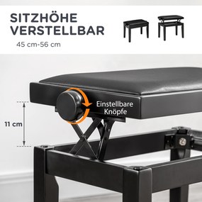 HOMCOM Πιανο-σκαμπό, σκαμπό πιάνου, ρυθμιζόμενο ύψος, κομψό γυαλιστερό φινίρισμα, συνθετικό δέρμα+καουτσούκ ξύλο, μαύρο, 63 x 33 x 56cm